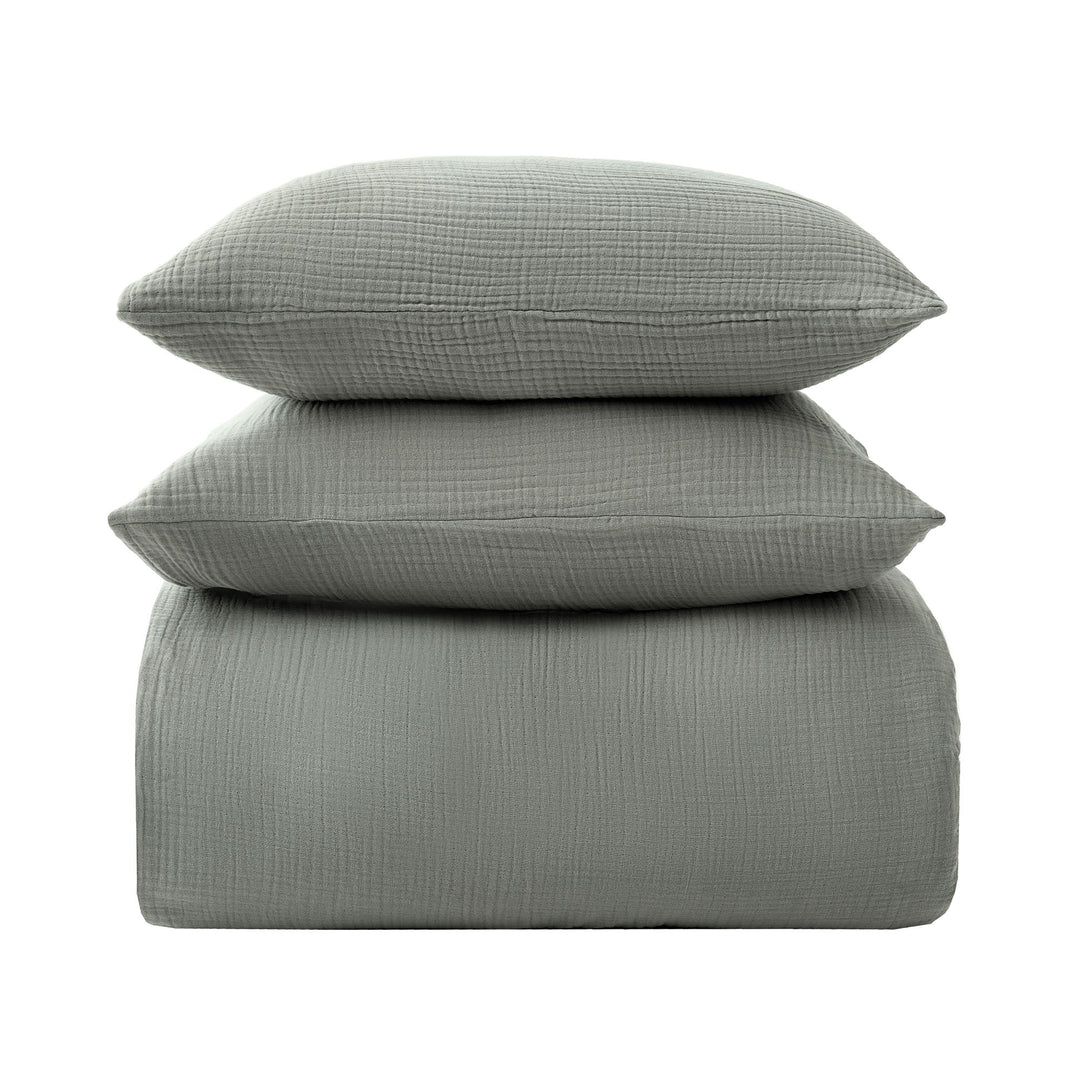 voile cotton bedding set stack in sage color with 2 pillows and 1 comforter