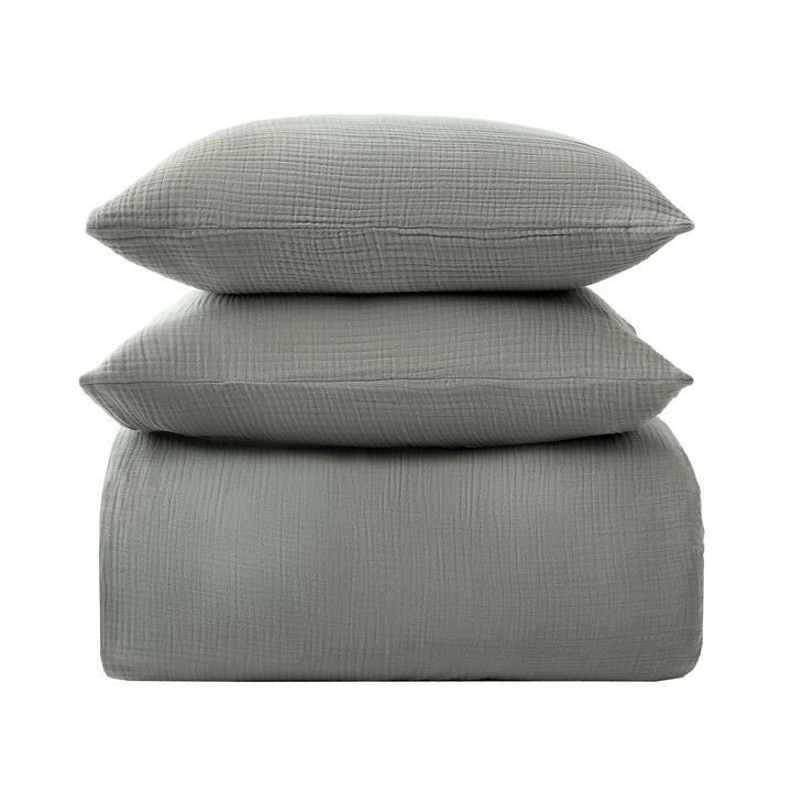 voile cotton bedding set stack in sage color with 2 pillows and 1 comforter