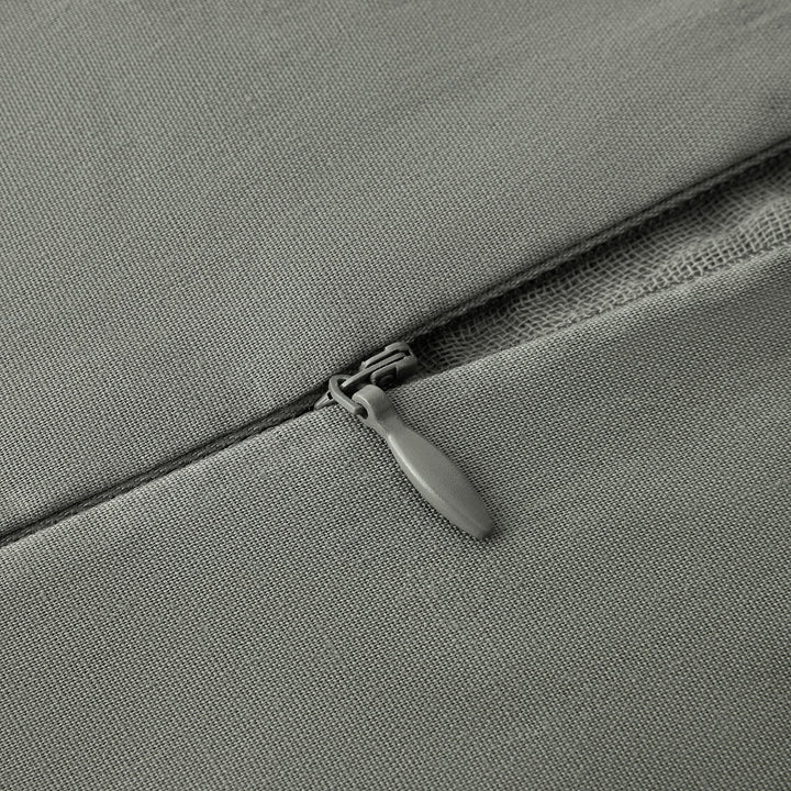Close-up of voile cotton duvet cover zipper in sage fabric surface