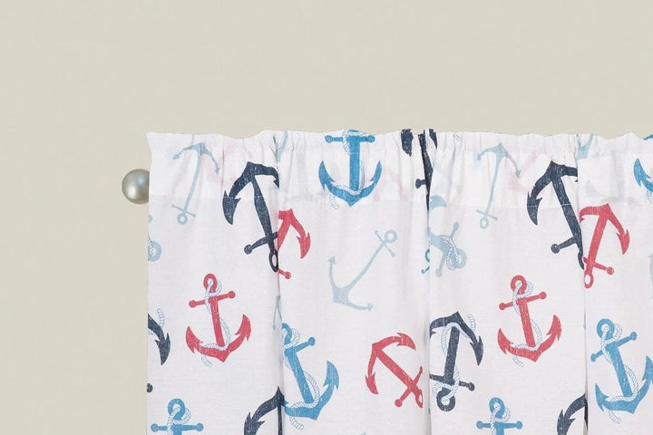 white valance with red, blue and navy anchors. Coastal Compass Home Decor