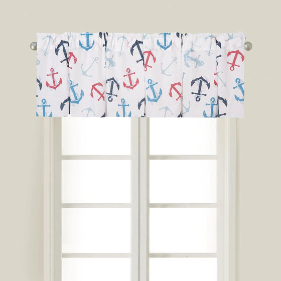 white valance with red, blue and navy anchors. Coastal Compass Home Decor