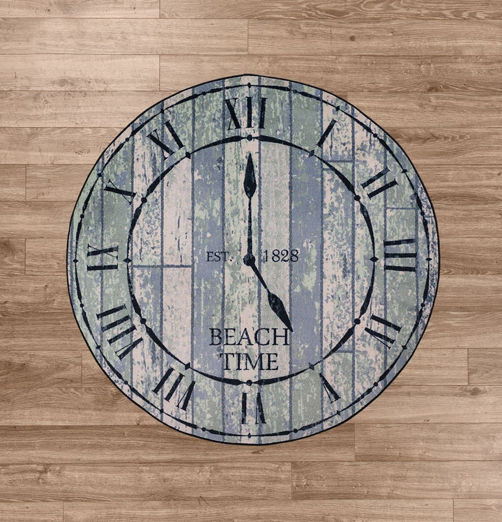 Distressed Beach Time Clock Round Area Rug - Made in the USA - The Coastal Compass Home Decor