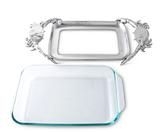 Pyrex casserole dish with pewter crab handled frame - The Coastal Compass Home Decor