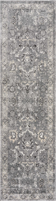  7' Grey Machine Woven Distressed Floral Traditional Indoor Runner Rug