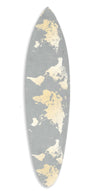 Grey Metallic World Map Surfboard Wall Art • Coastal Compass Home Decor