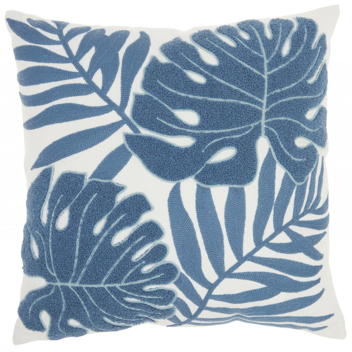 Blue and Ivory Tropical Leaves Throw Pillow