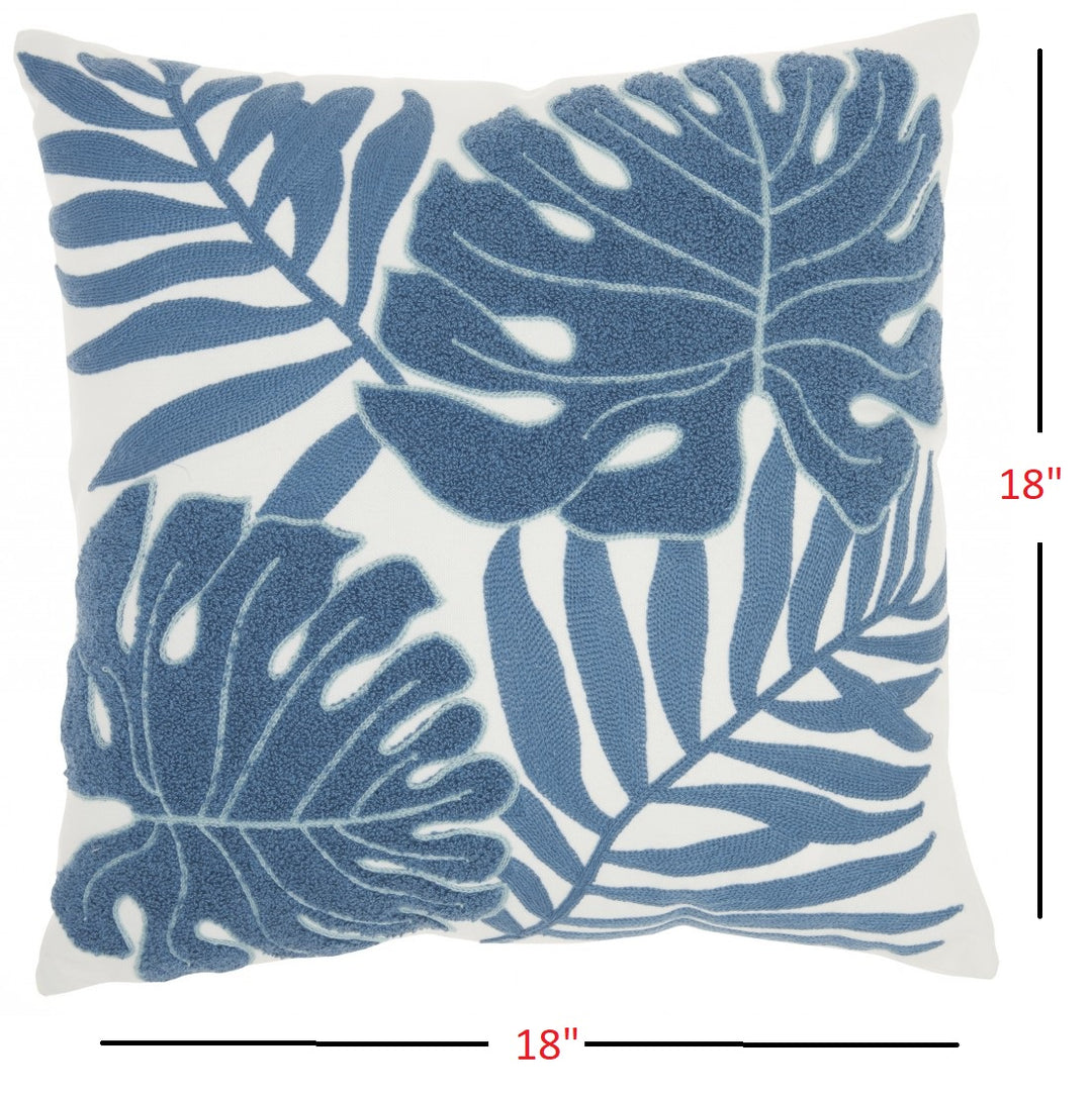Blue and Ivory Tropical Leaves Throw Pillow
