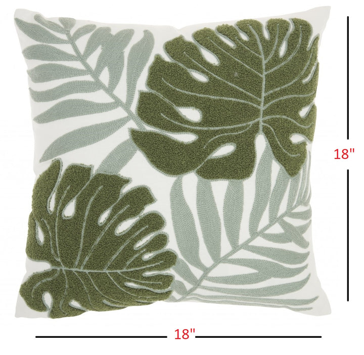 Green and Ivory Tropical Leaves Throw Pillow • Coastal Compass Home Decor