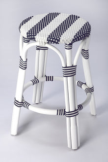  Classic White and Navy Rattan Counter Stool • Coastal Compass Home Decor