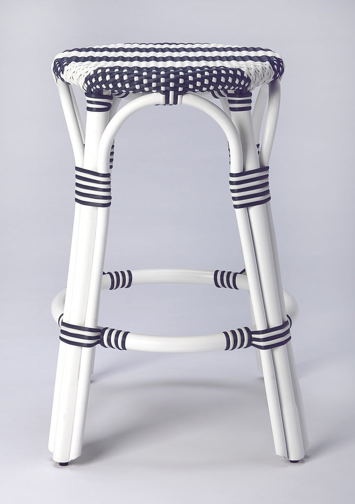 Classic White and Navy Rattan Counter Stool • Coastal Compass Home Decor