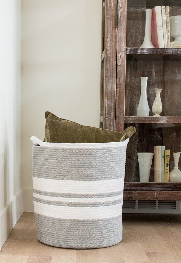 Stripe Cotton Woven Rope Basket | Coastal Compass Home Decor