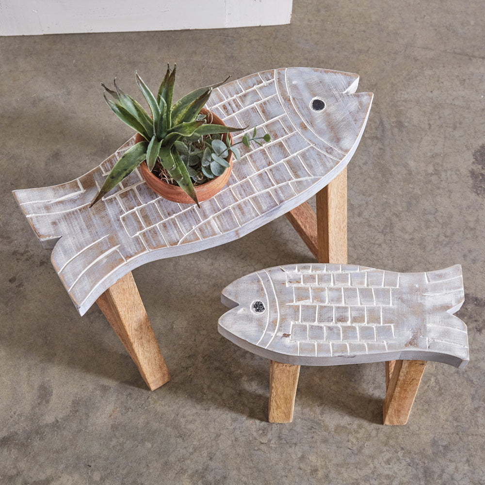 Wood Carved Fish Seats Set • Coastal Compass Home Decor