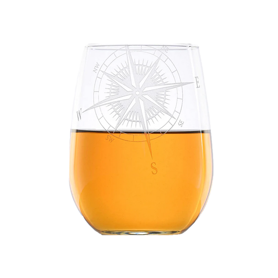 Hand Etched Compass Rose Stemless Wine Glass Set • Coastal Compass Home Decor