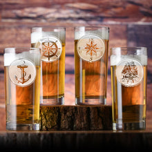  Hand Etched Nautical Theme Highball Glass Set • Coastal Compass Home Decor