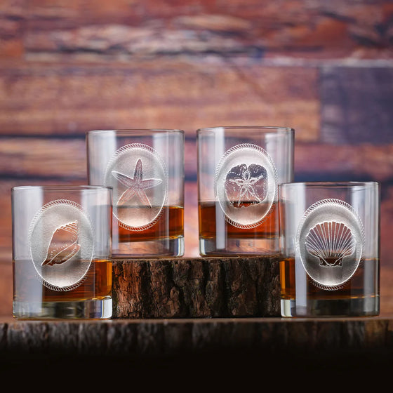 Hand Etched Seashell Whiskey Glass Set