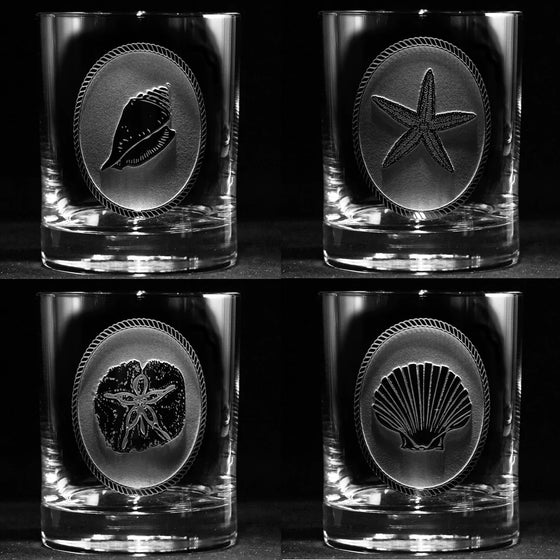 Hand Etched Seashell Whiskey Glass Set