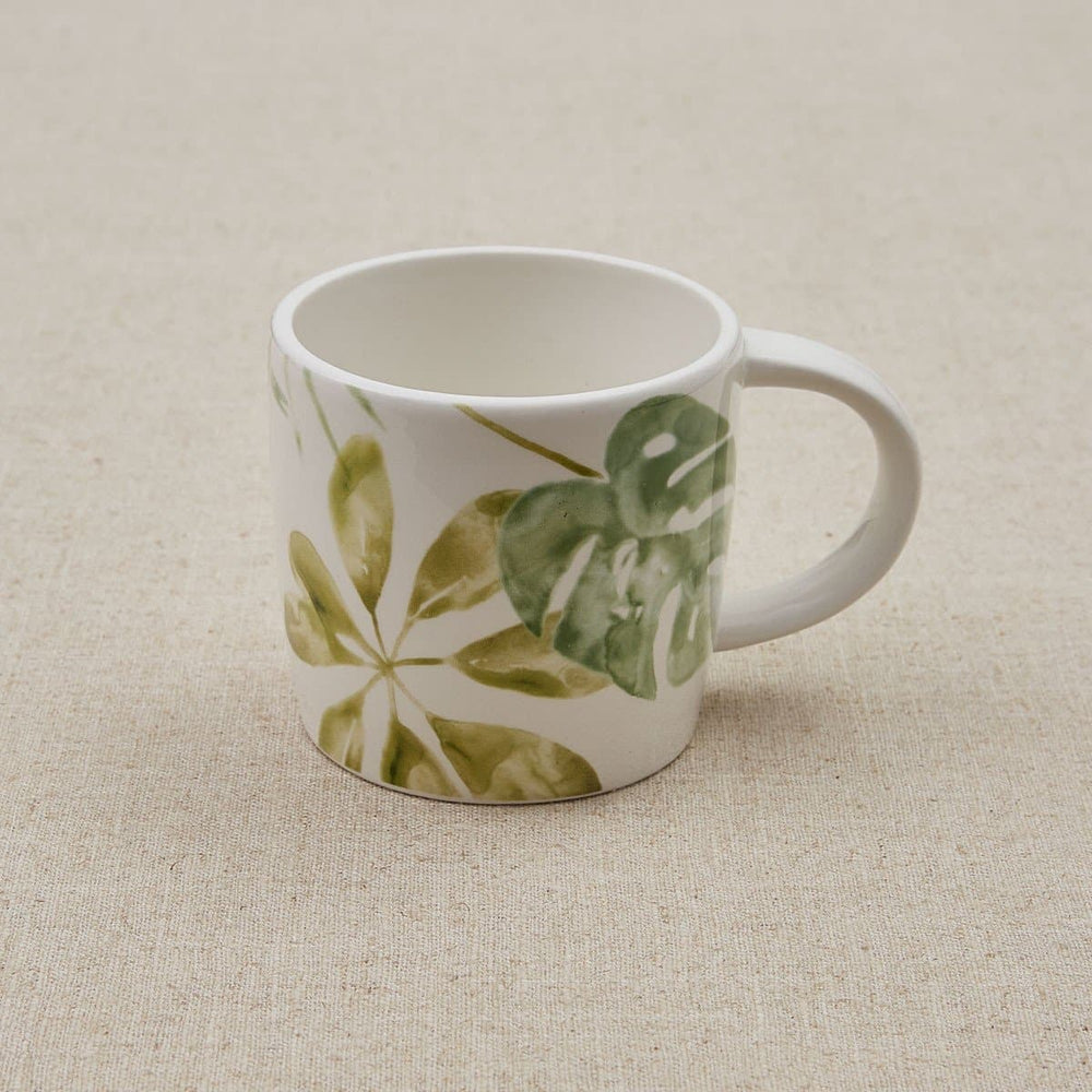 White Ceramic Mug with Tropical Leaves - set of 4- The Coastal Compass Home Decor