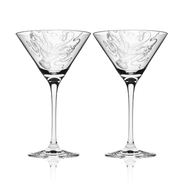 Lucy Octopus Engraved Martini Glasses • Coastal Compass Home Decor