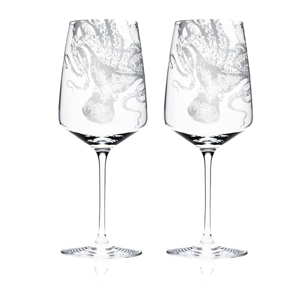 Lucy Octopus Engraved White Wine Glasses • Coastal Compass Home Decor