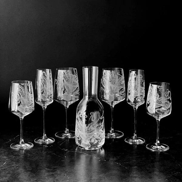 Lucy Octopus Engraved Wine Glasses Set • Coastal Compass Home Decor