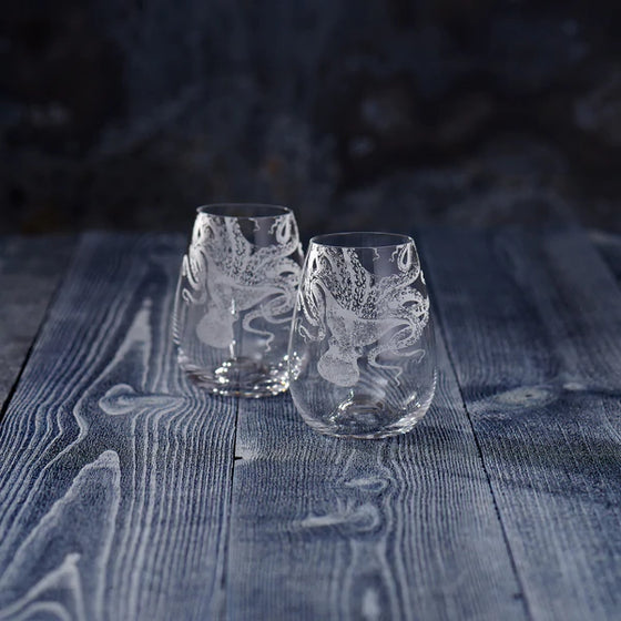 Lucia Octopus Engraved Stemless Wine Glasses