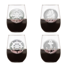 Hand Etched Nautical Theme Stemless Wine Glass Set • Coastal Compass Home Decor