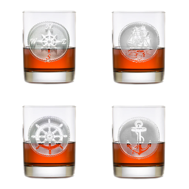 Hand Etched Nautical Theme Whiskey Glass Set • Coastal Compass Home Decor