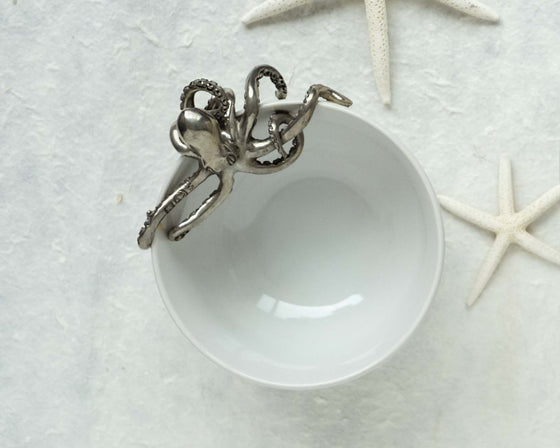 White Small Stoneware Octopus Serving Bowl - Coastal Compass Home Decor