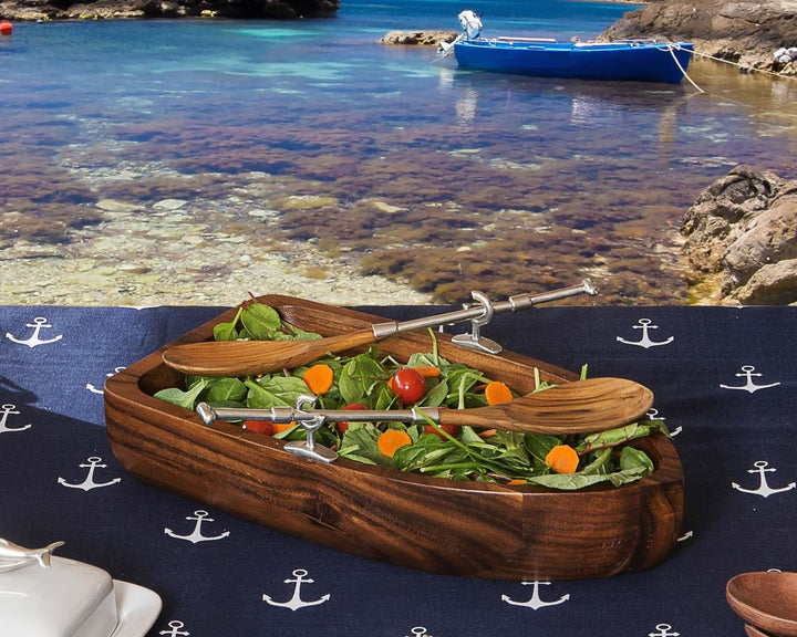 Row Boat Salad Serving Bowl with Serving Utensils - The Coastal Compass Home Decor