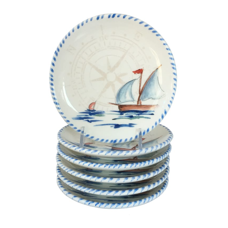 Sailboat Compass Bread & Butter Plate - Set/6 | Coastal Compass Home Decor