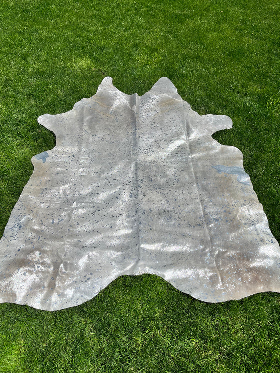 Metallic Silver on Off White Cowhide • Coastal Compass Home Decor