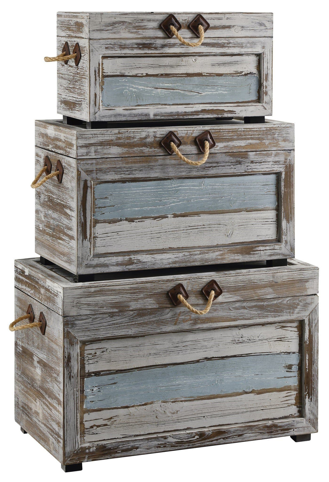 3-pc Venice Distressed Coastal Distressed  Wood Trunks - The Coastal Compass Home Decor