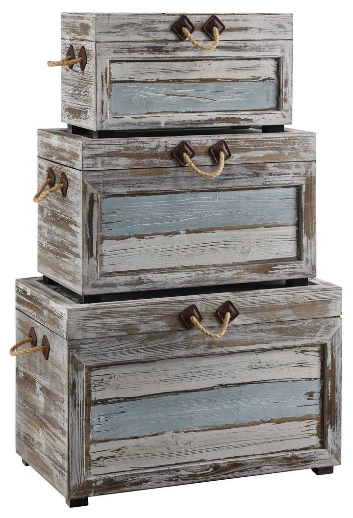 3-pc Venice Distressed Coastal Distressed  Wood Trunks - The Coastal Compass Home Decor