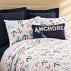 red, white, navy anchors over off-white cotton. 3 piece quilt set. Coastal Compsss Home Decor