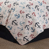 red, white, navy anchors over off-white cotton. 3 piece quilt set detail. Coastal Compsss Home Decor
