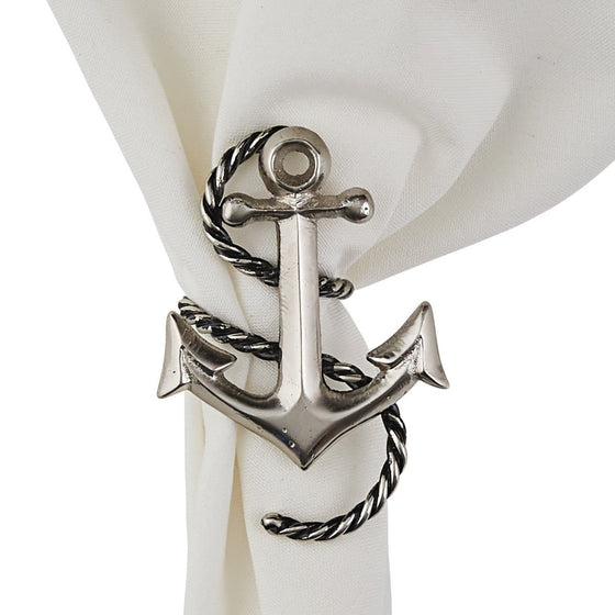 Nautical rope and anchor aluminum napkin rings, set of 4. Coastal Compass Home Decor