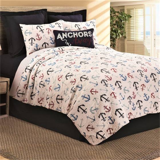 red, white, navy anchors over off-white cotton. 3 piece quilt set. Coastal Compsss Home Decor