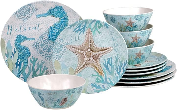 beach life 12 piece bamboo dish set. Coastal Compass Home Decor