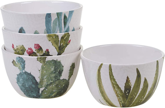 White bowl set with printed cactus and succulent plant print - Coastal Compass Home Decor