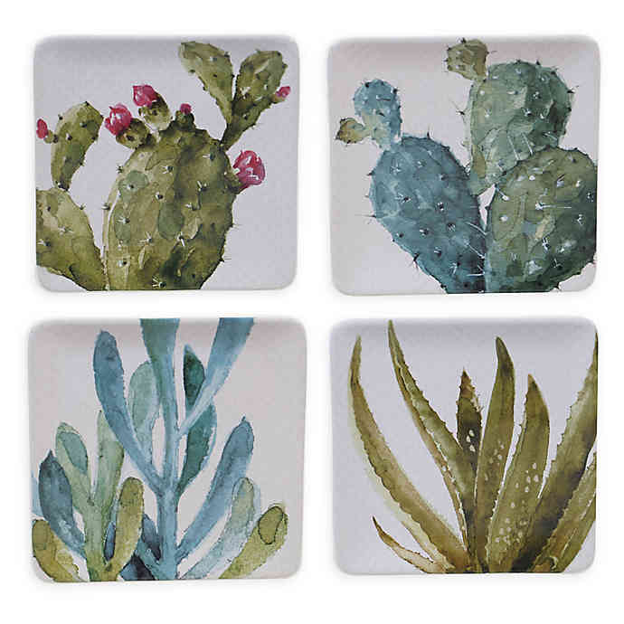 White square dessert platew with printed succulent and cacti print. 16 pc set - Coastal Compass home Decor