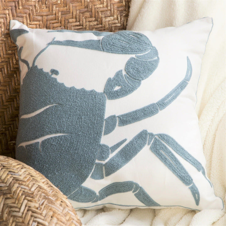 Chainlink blue crab accent pillow. Coastal Compass Home Decor