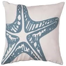 Chian link blue starfish on white accent pillow. Coastal Compass Home Decor.