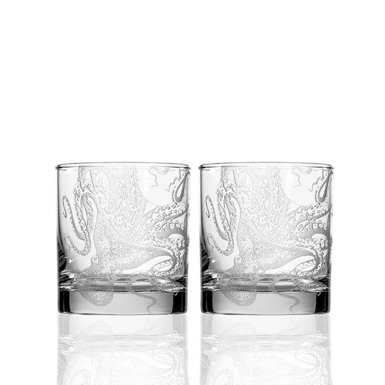Sand engraved octopus coastal highball bar glasses. Made in the USA. Your Western Decor