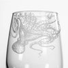 Sand engraved coastal stemless wine glass detail with octopus engraving. Made in the USA. Coatal Compass Home Decor