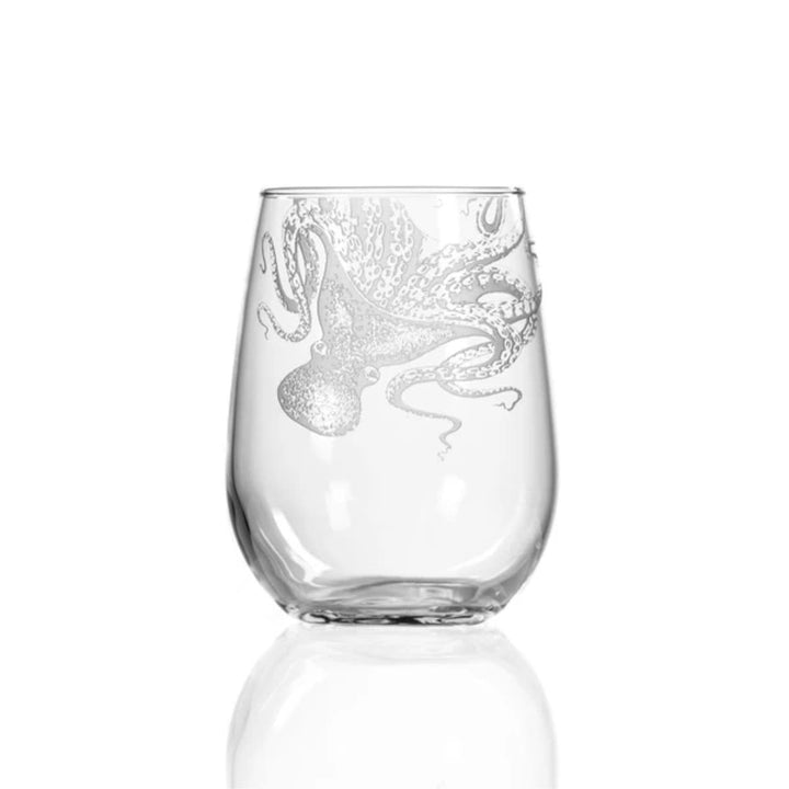 Sand engraved coastal stemless wine glass with octopus engraving. Made in the USA. Coatal Compass Home Decor