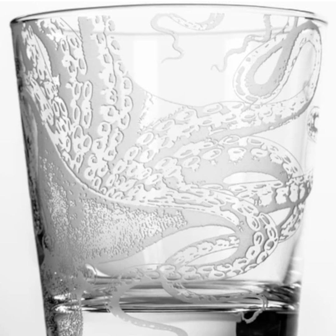Coastal bar whiskey glasses detail. Sand engraved octopus. Made in the USA. Coastal Compass Home Decor