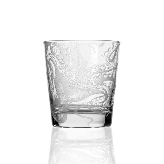 Coastal bar whiskey glasses. Sand engraved octopus. Made in the USA. Coastal Compass Home Decor
