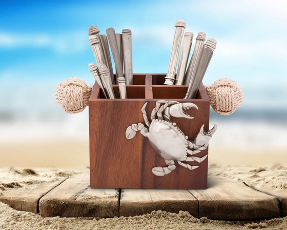 Crab & Acacia Wood Flatware Caddy - The Coastal Compass Home Decor
