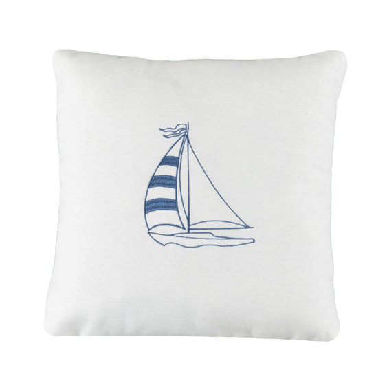 White Embroidered Sail Boat Accent Pillow made in the USA - The Coastal Compass Home Decor
