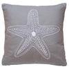 White and taupe embroidered starfish on grey throw pillow. Coastal Compass Home Decor